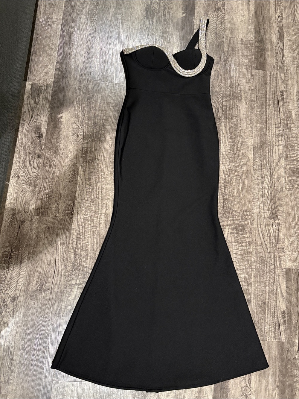 Fashion Nova Black One-Shoulder Gown with Silver Embellished Strap